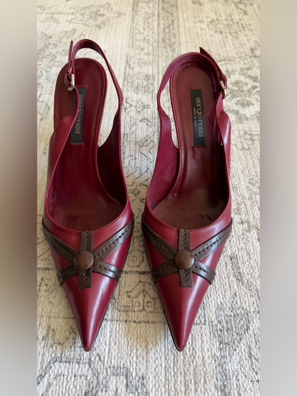 Sergio Rossi Burgundy and Brown Pointed Slingback Pumps